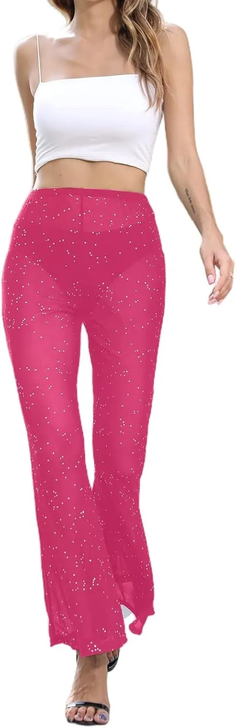 Women Rave Mesh Sheer Pants Flared Bell Bottom Pants for Dance Festival Clubwear