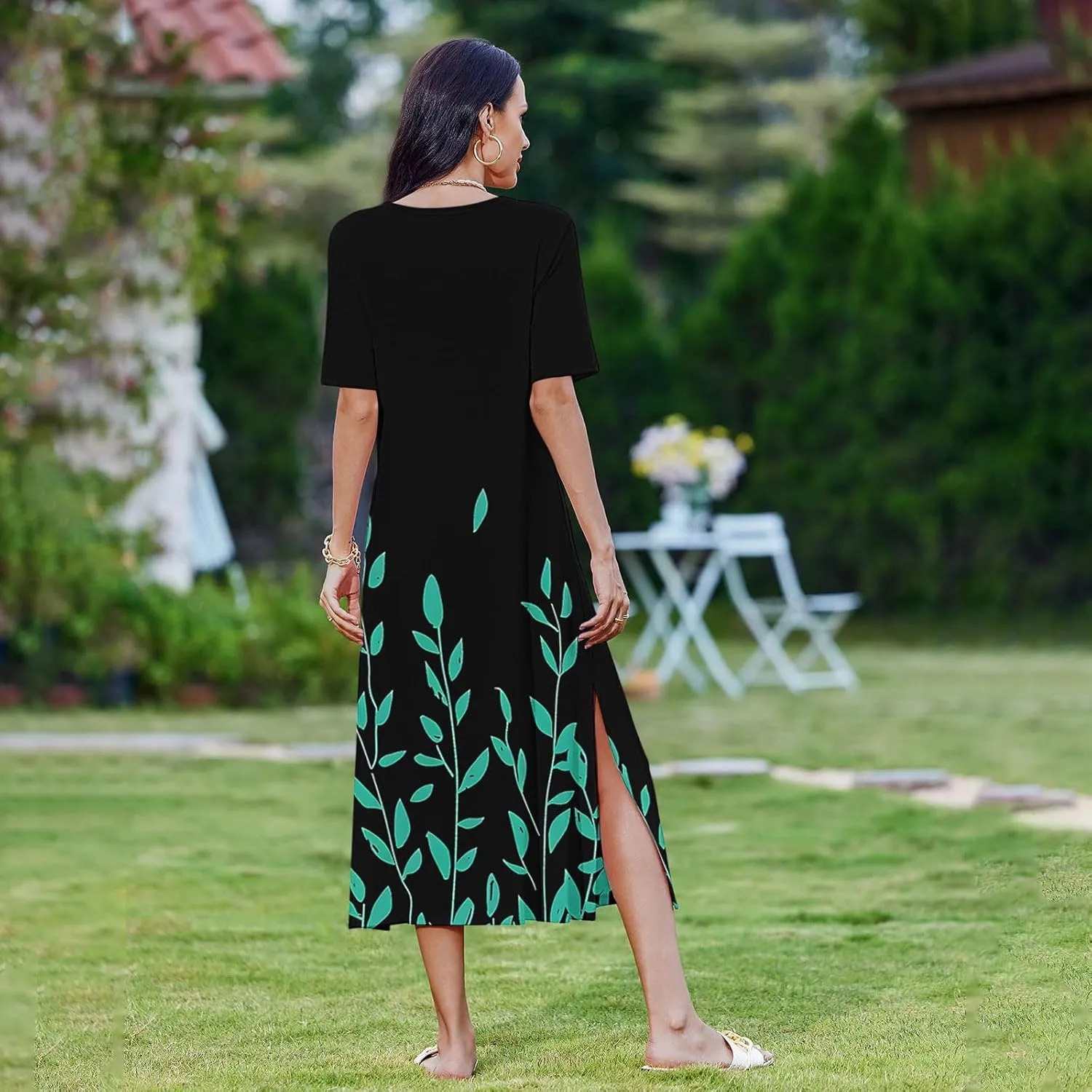 Women Short Sleeve A Line Sundress Cute Flower Graphic Print Beach Dresses Casual Fashion Loose Clothing