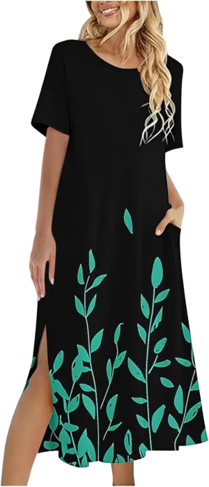 Women Short Sleeve A Line Sundress Cute Flower Graphic Print Beach Dresses Casual Fashion Loose Clothing