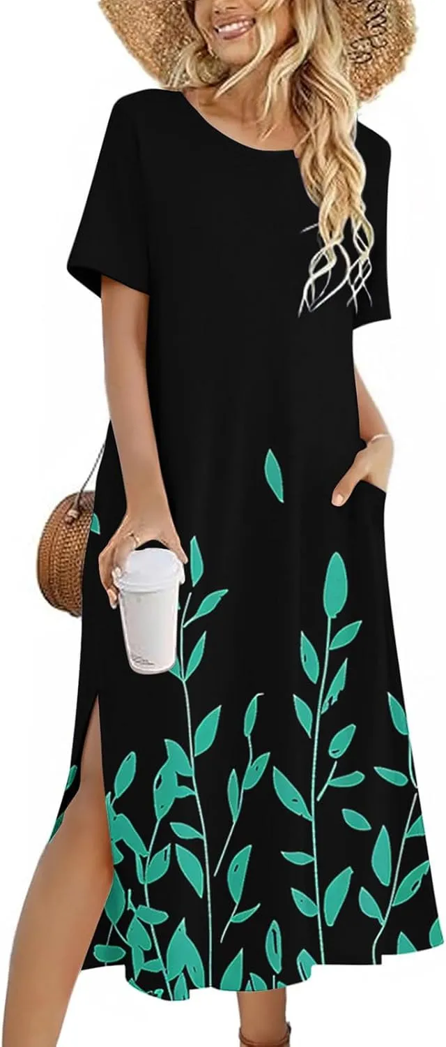 Women Short Sleeve A Line Sundress Cute Flower Graphic Print Beach Dresses Casual Fashion Loose Clothing