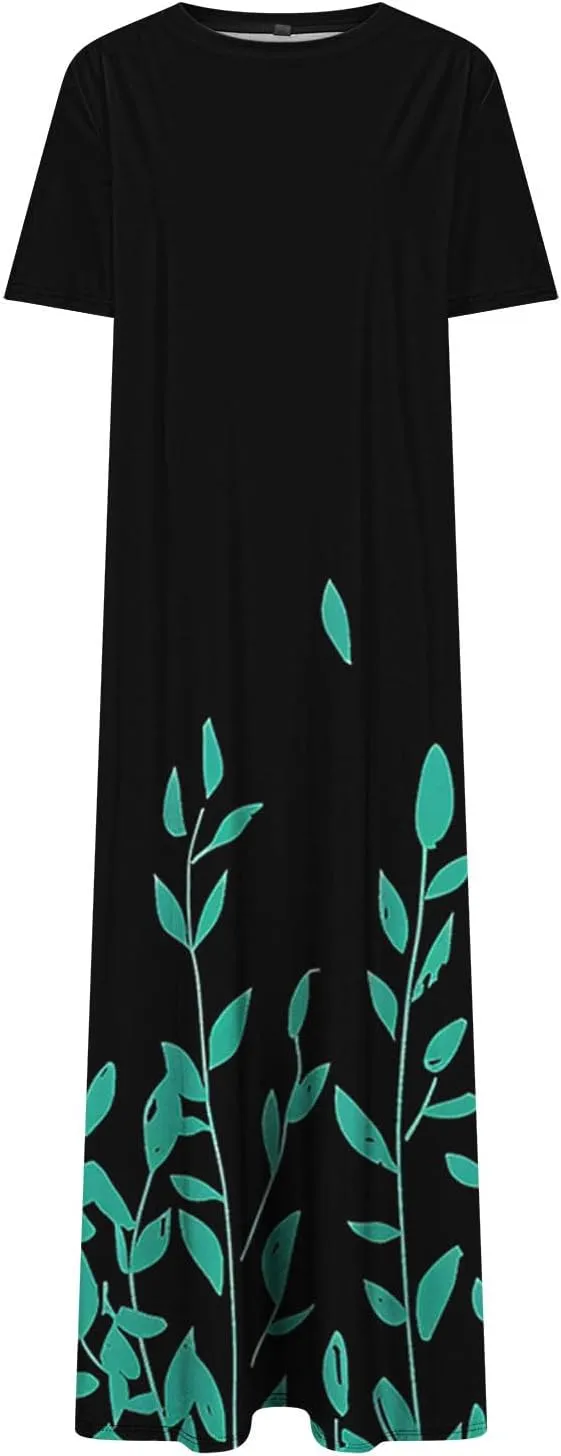 Women Short Sleeve A Line Sundress Cute Flower Graphic Print Beach Dresses Casual Fashion Loose Clothing