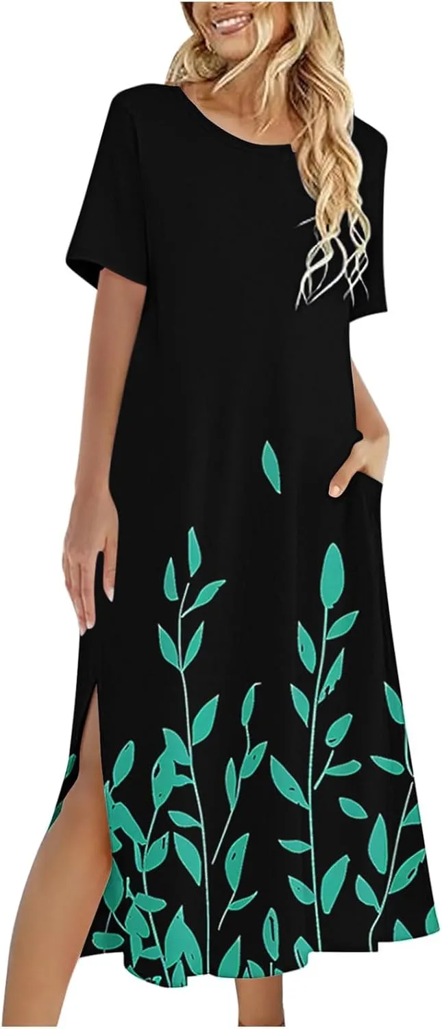Women Short Sleeve A Line Sundress Cute Flower Graphic Print Beach Dresses Casual Fashion Loose Clothing