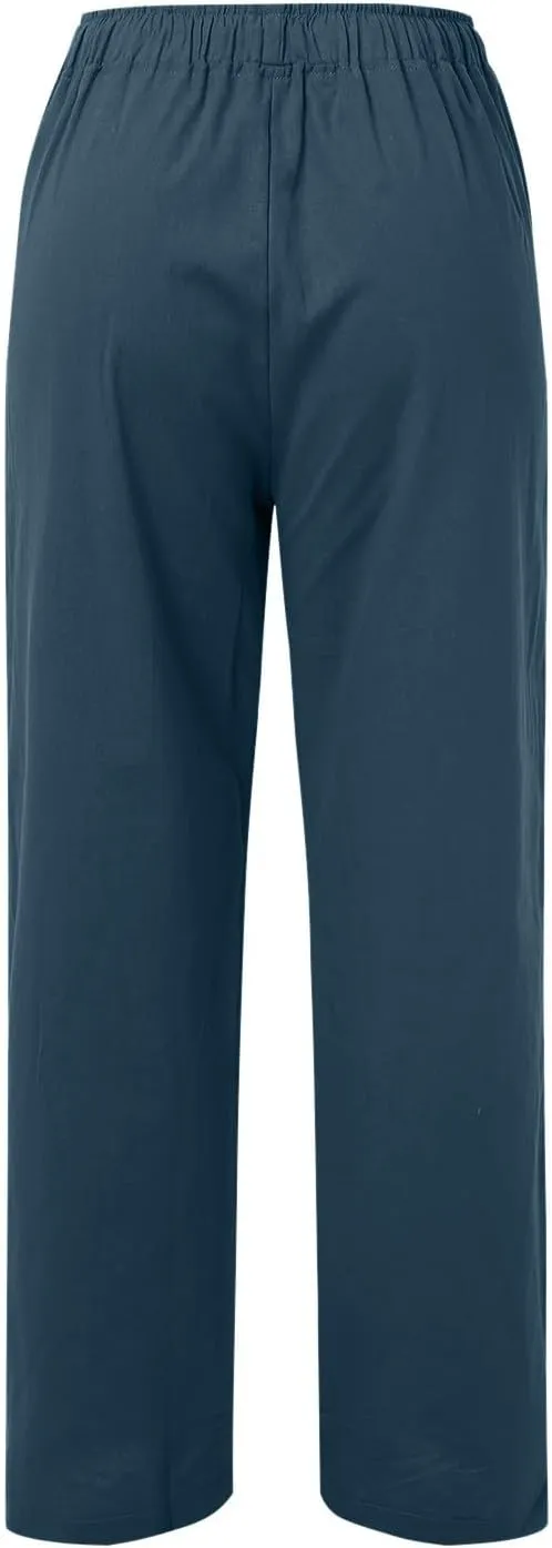 Women Wide Leg Linen Pants Summer Casual High Waist Palazzo Pant Loose Fit Ruched Trouser with Pocket