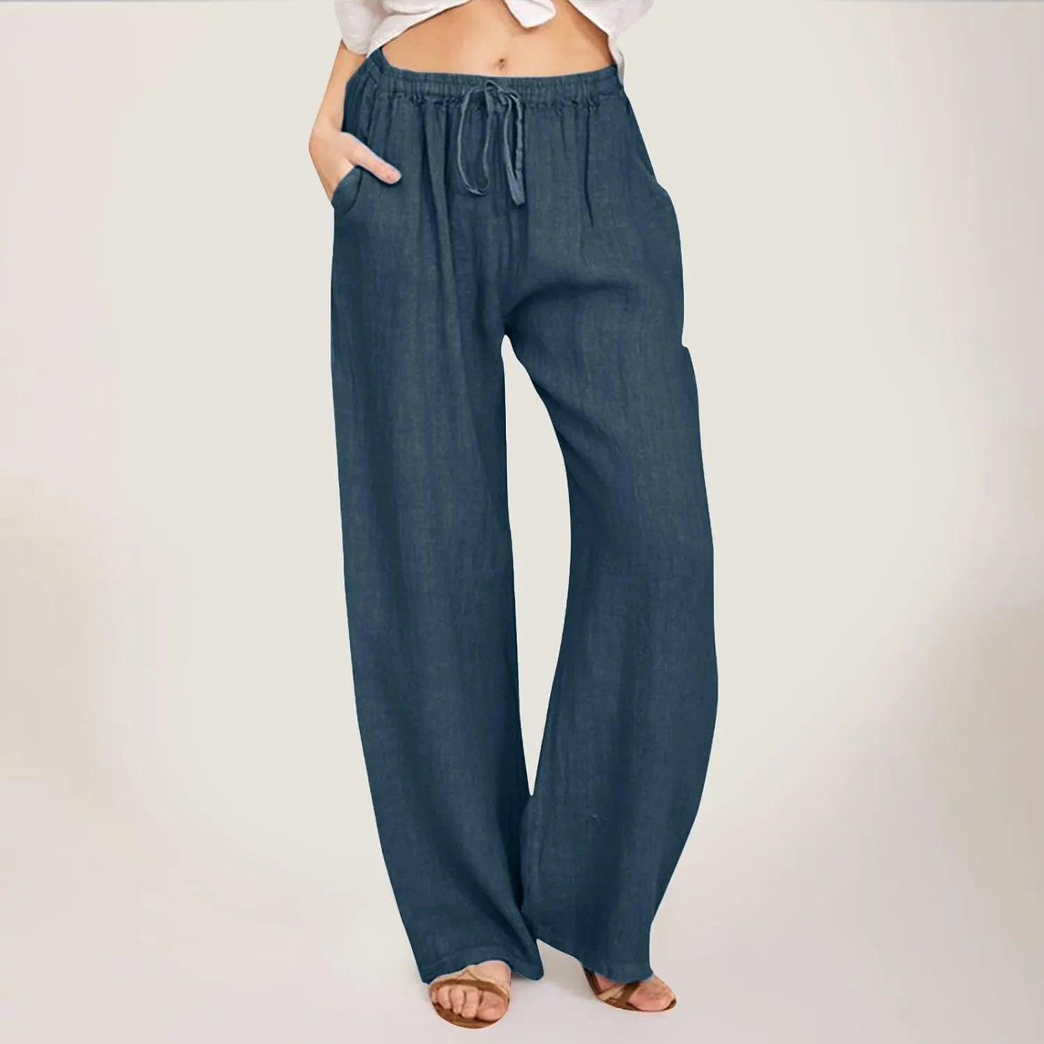 Women Wide Leg Linen Pants Summer Casual High Waist Palazzo Pant Loose Fit Ruched Trouser with Pocket