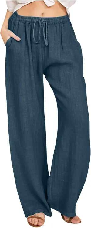 Women Wide Leg Linen Pants Summer Casual High Waist Palazzo Pant Loose Fit Ruched Trouser with Pocket