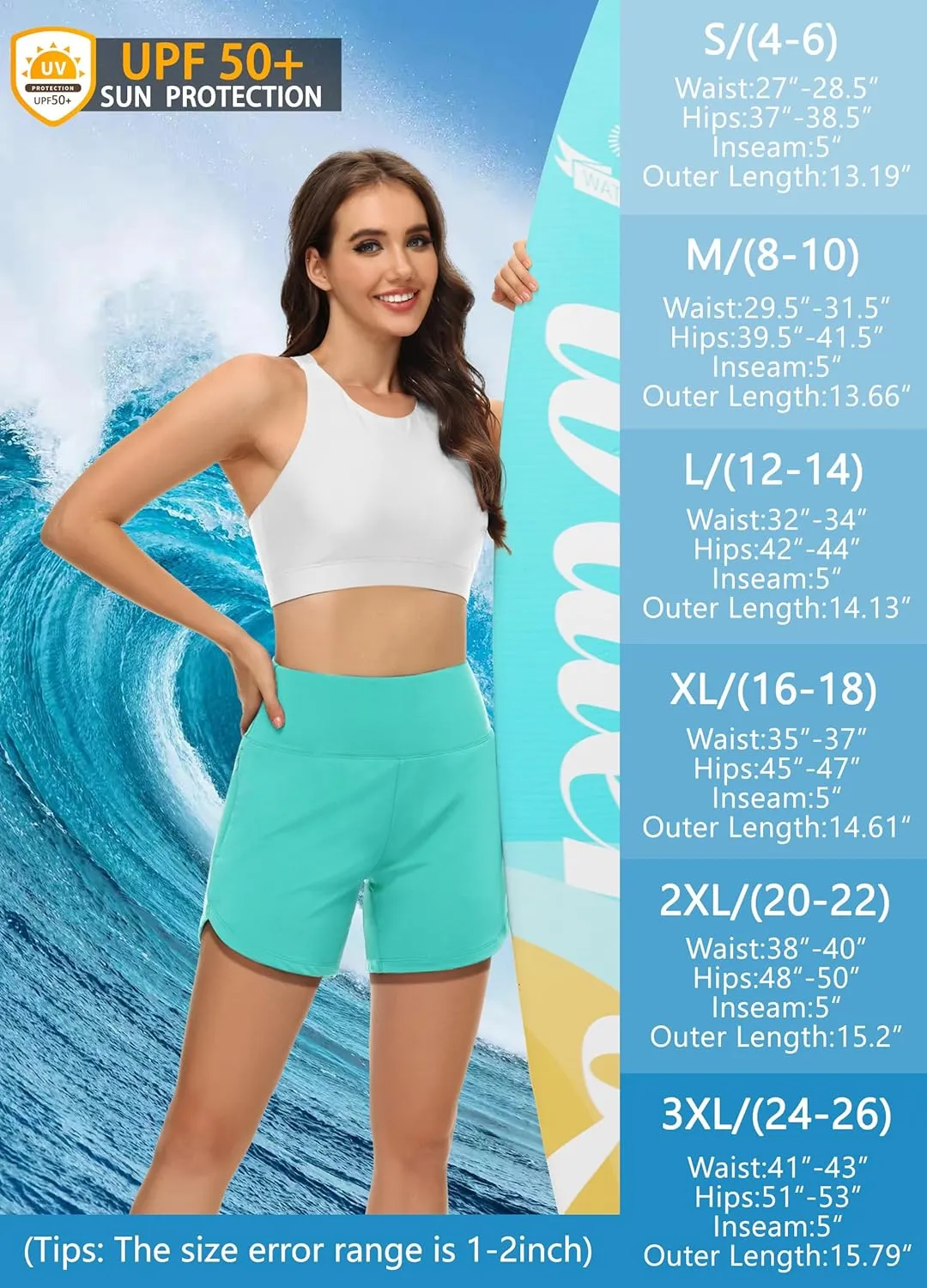 Womens' 5" Swim Shorts Tummy Control Quick Dry Swimsuit Bottom High Waist Loose Fitting with Zipper Pocket Liner UPF50 