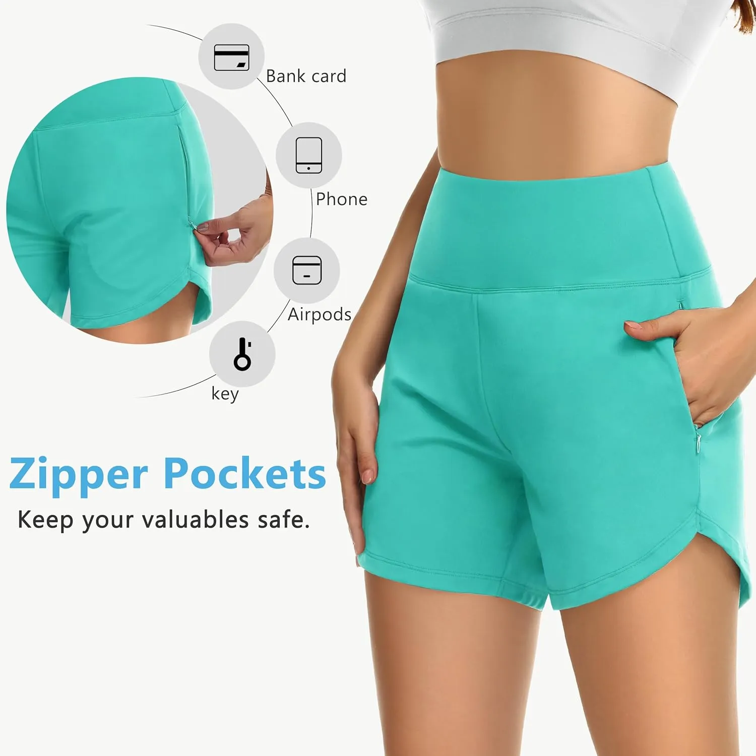 Womens' 5" Swim Shorts Tummy Control Quick Dry Swimsuit Bottom High Waist Loose Fitting with Zipper Pocket Liner UPF50 