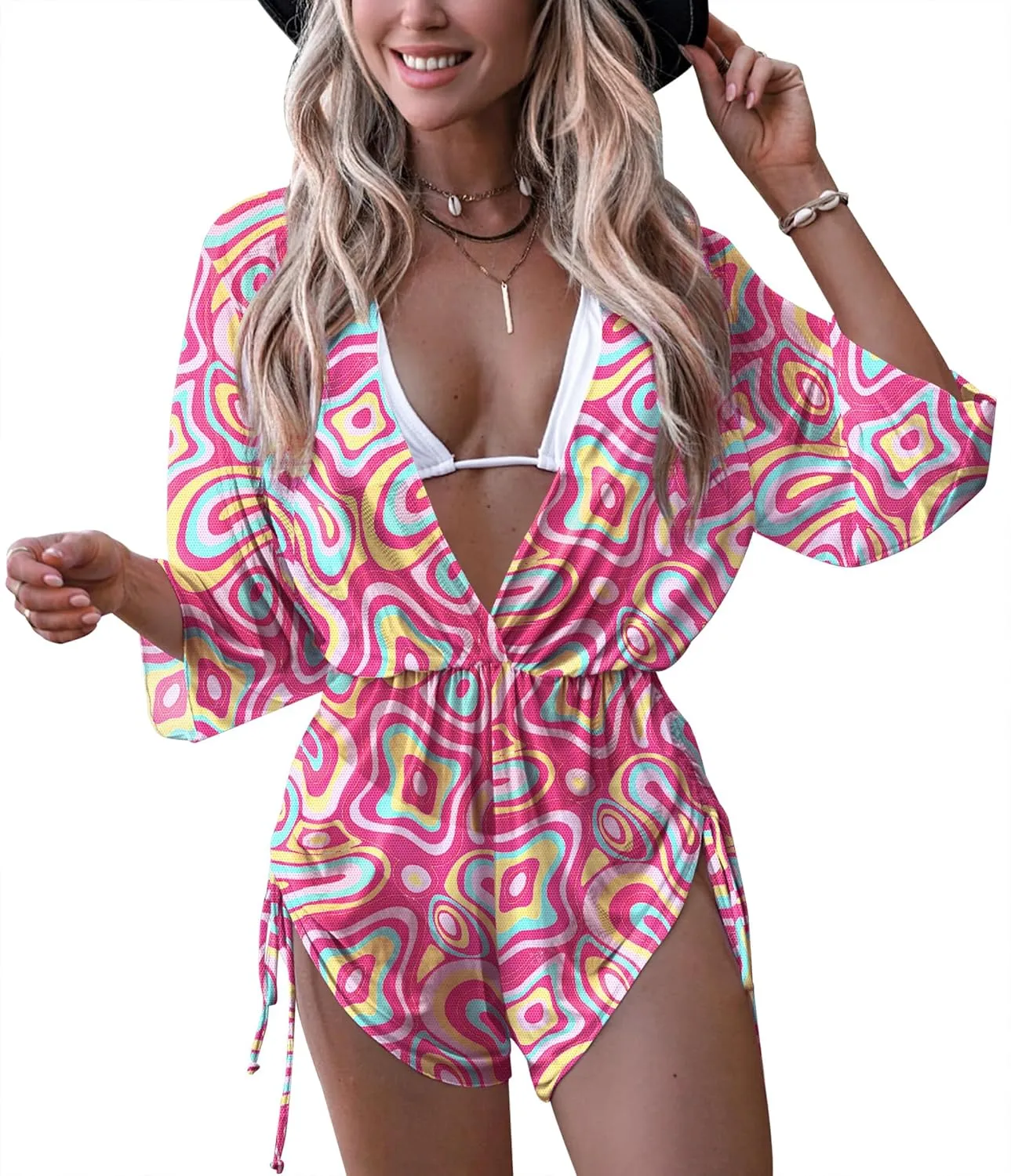 Women's Beach Deep V Neck Drawstring Swim Bikini Bathing Suit Cover up