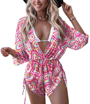 Women's Beach Deep V Neck Drawstring Swim Bikini Bathing Suit Cover up