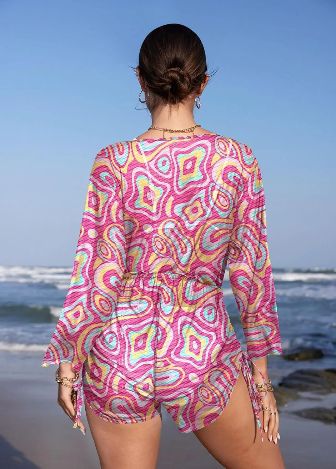 Women's Beach Deep V Neck Drawstring Swim Bikini Bathing Suit Cover up