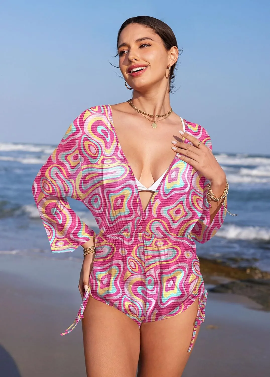 Women's Beach Deep V Neck Drawstring Swim Bikini Bathing Suit Cover up