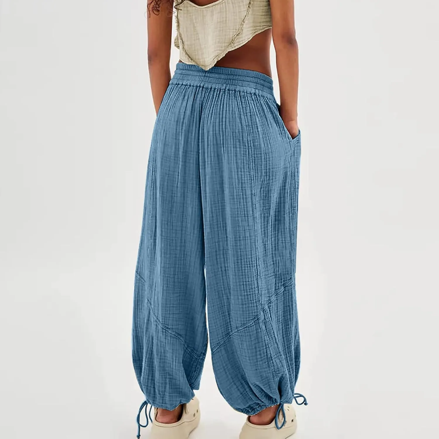 Women's Casual Wide Leg Paperbag Linen Palazzo Pants Summer High Waisted Drawstring Lightweight Boho Hippie Trousers