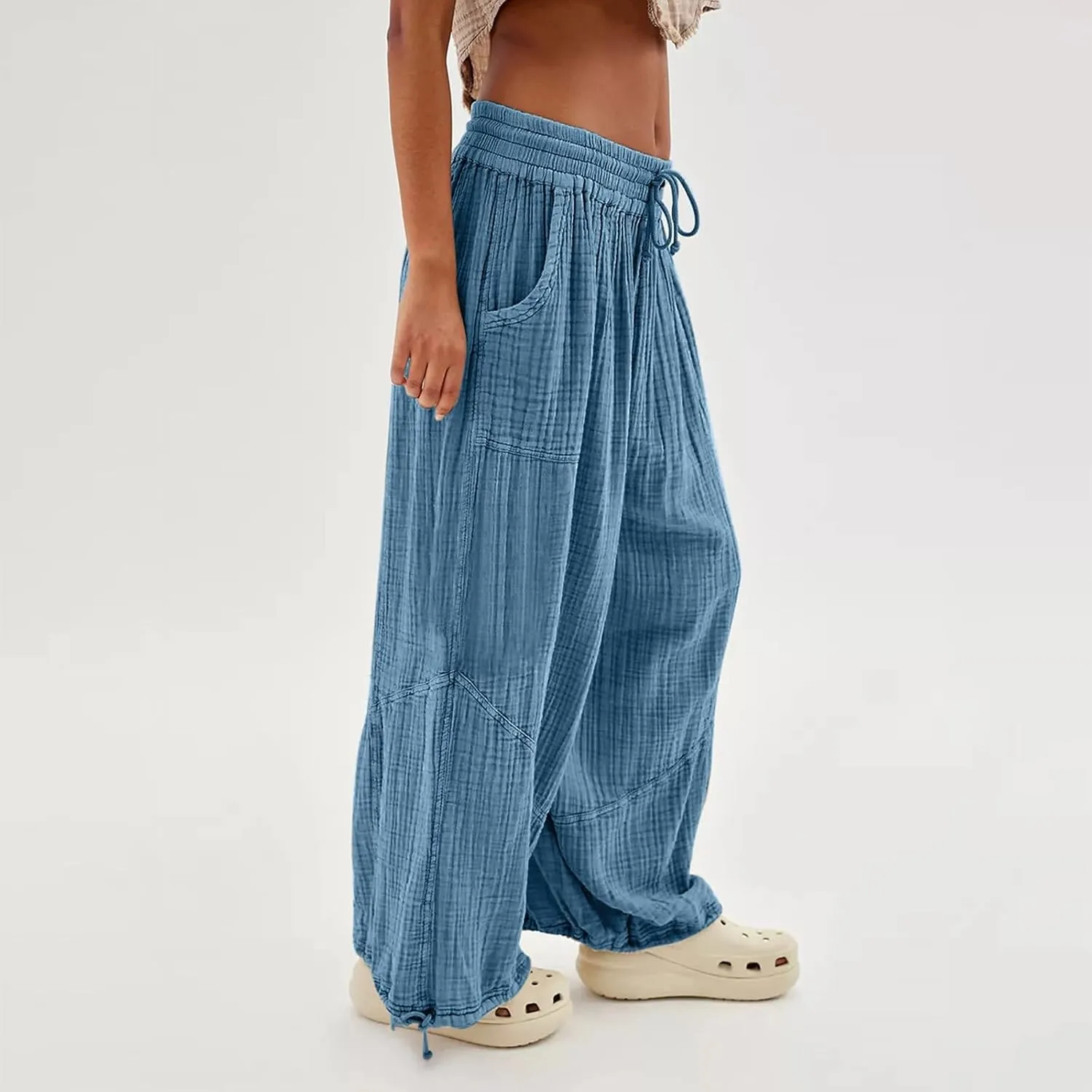 Women's Casual Wide Leg Paperbag Linen Palazzo Pants Summer High Waisted Drawstring Lightweight Boho Hippie Trousers
