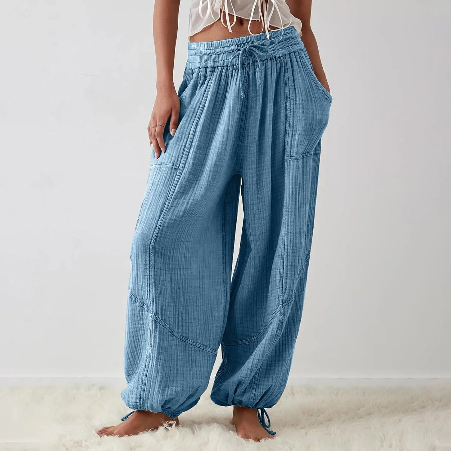 Women's Casual Wide Leg Paperbag Linen Palazzo Pants Summer High Waisted Drawstring Lightweight Boho Hippie Trousers