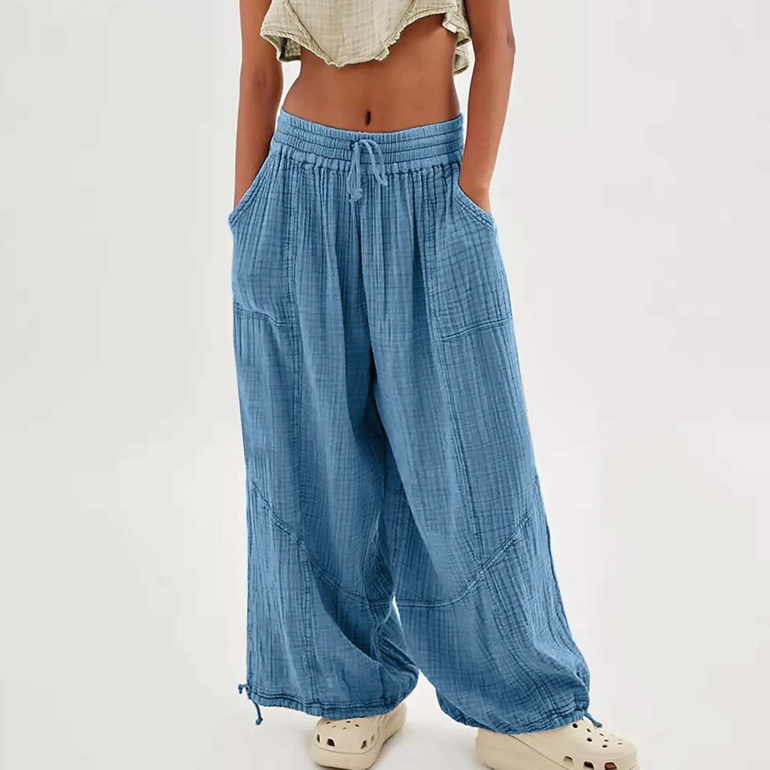 Women's Casual Wide Leg Paperbag Linen Palazzo Pants Summer High Waisted Drawstring Lightweight Boho Hippie Trousers