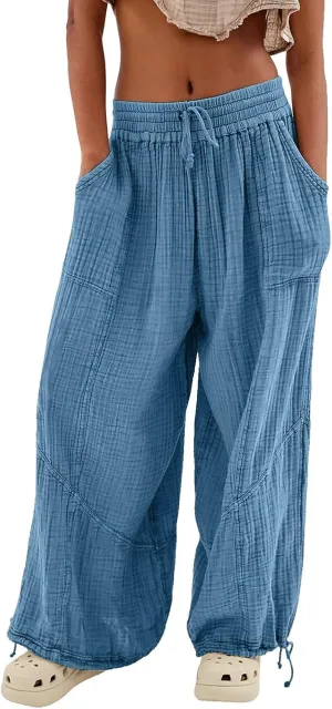 Women's Casual Wide Leg Paperbag Linen Palazzo Pants Summer High Waisted Drawstring Lightweight Boho Hippie Trousers