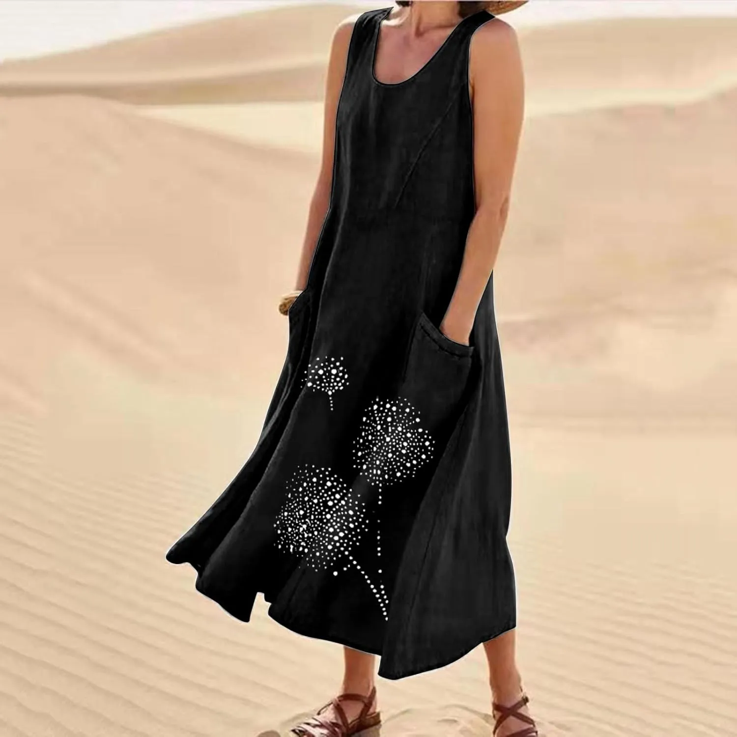 Womens Cotton Linen Summer Dresses Cute Flower Graphic Print Sundress Casual Sleeveless Loose Midi Dresse