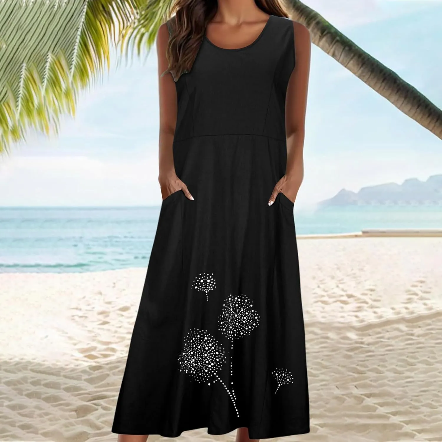 Womens Cotton Linen Summer Dresses Cute Flower Graphic Print Sundress Casual Sleeveless Loose Midi Dresse