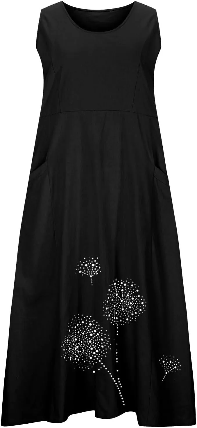 Womens Cotton Linen Summer Dresses Cute Flower Graphic Print Sundress Casual Sleeveless Loose Midi Dresse