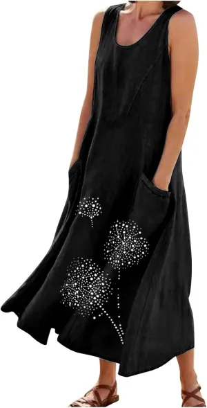Womens Cotton Linen Summer Dresses Cute Flower Graphic Print Sundress Casual Sleeveless Loose Midi Dresse