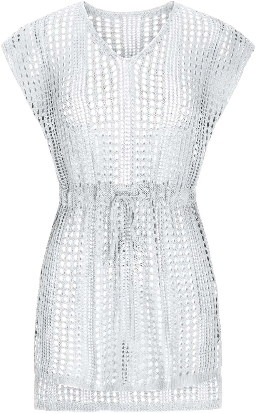 Women's Crochet Swimsuit V Neck Cover Ups Cap Sleeve Vacation Beachwear Mesh Knit Drawstring Lace Up Outfit