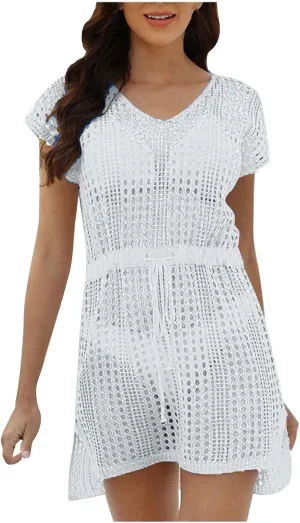 Women's Crochet Swimsuit V Neck Cover Ups Cap Sleeve Vacation Beachwear Mesh Knit Drawstring Lace Up Outfit