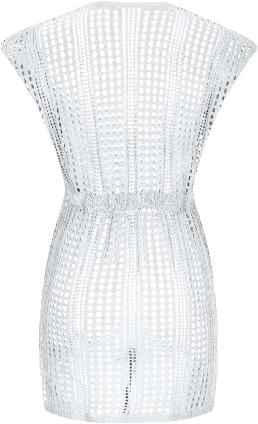 Women's Crochet Swimsuit V Neck Cover Ups Cap Sleeve Vacation Beachwear Mesh Knit Drawstring Lace Up Outfit