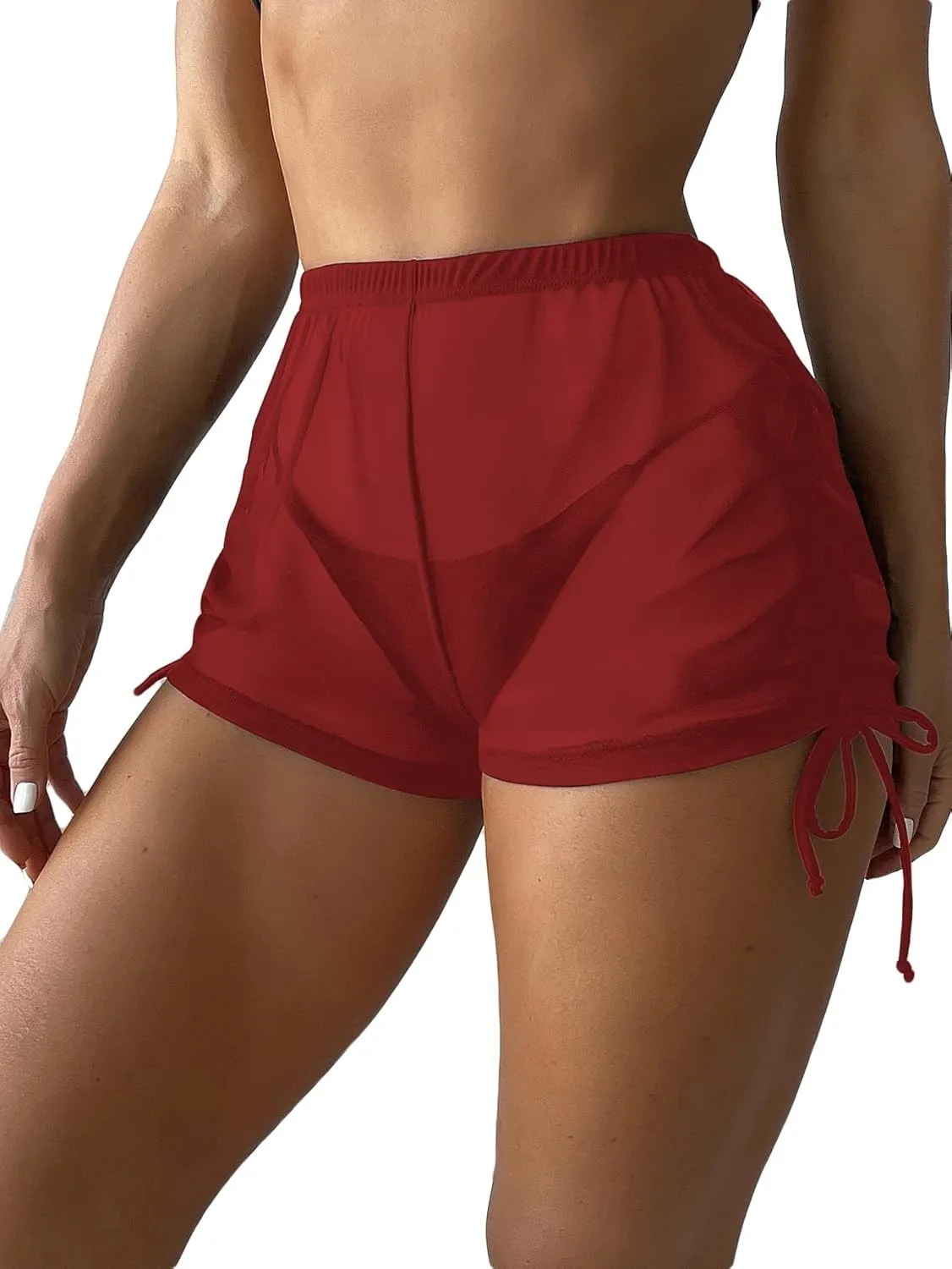 Women's Drawstring Side Mesh Sheer Beach Summer Cover Up Shorts Bikini Bottoms