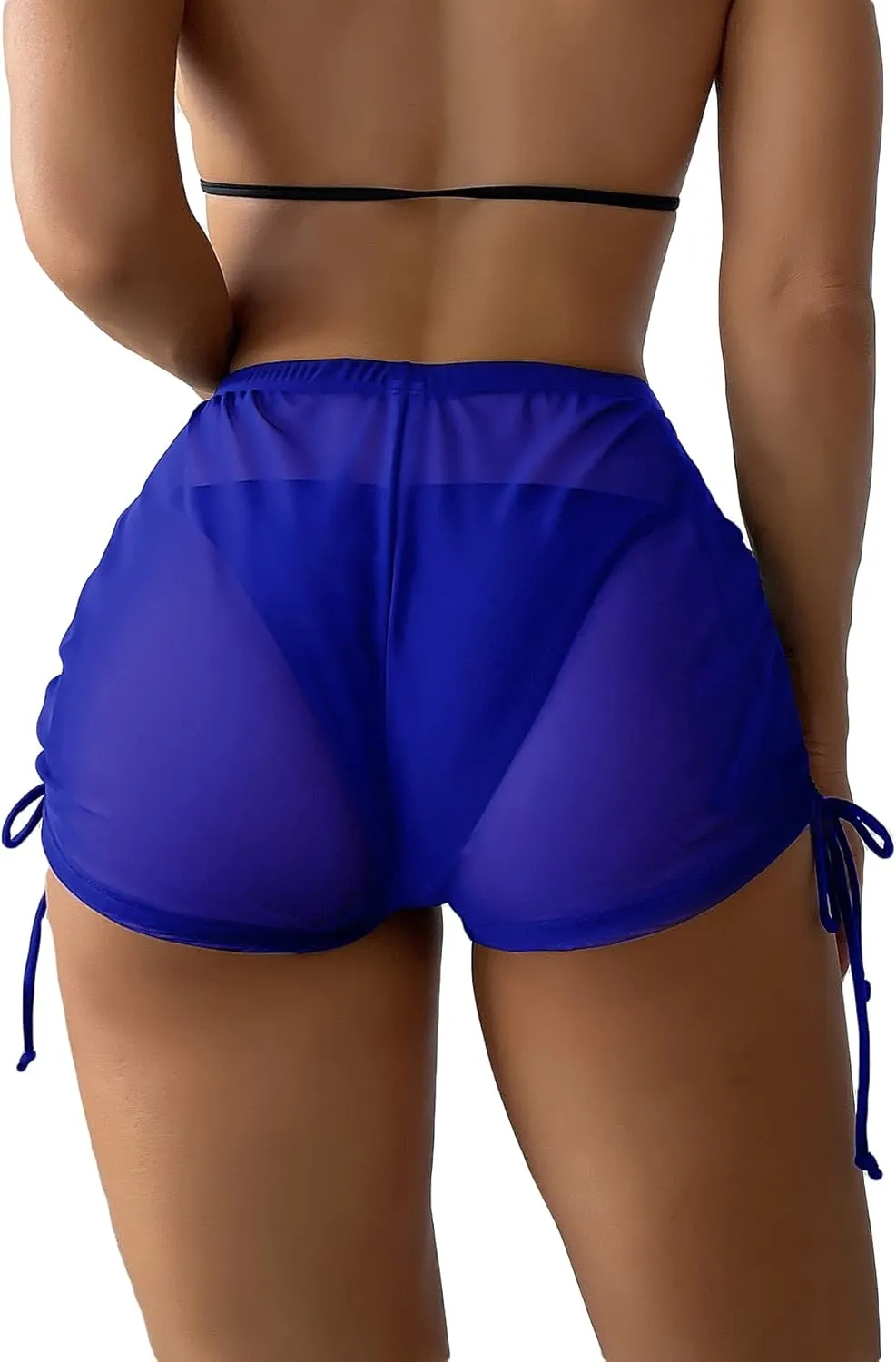 Women's Drawstring Side Mesh Sheer Beach Summer Cover Up Shorts Bikini Bottoms