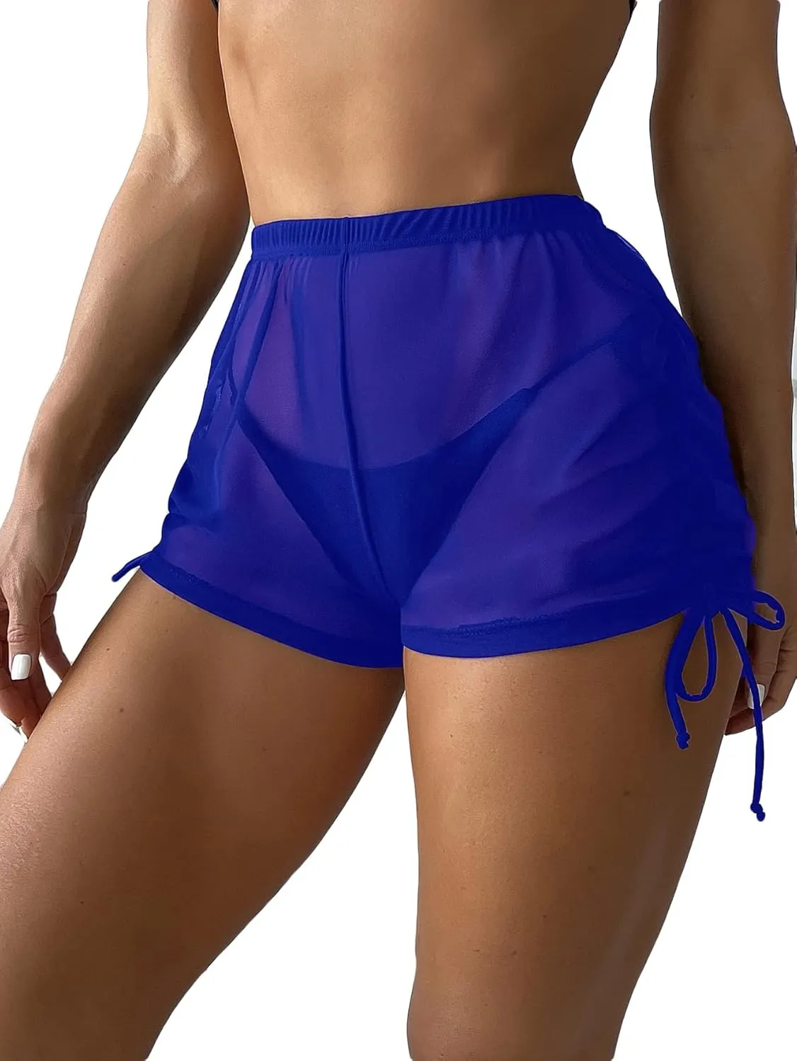 Women's Drawstring Side Mesh Sheer Beach Summer Cover Up Shorts Bikini Bottoms