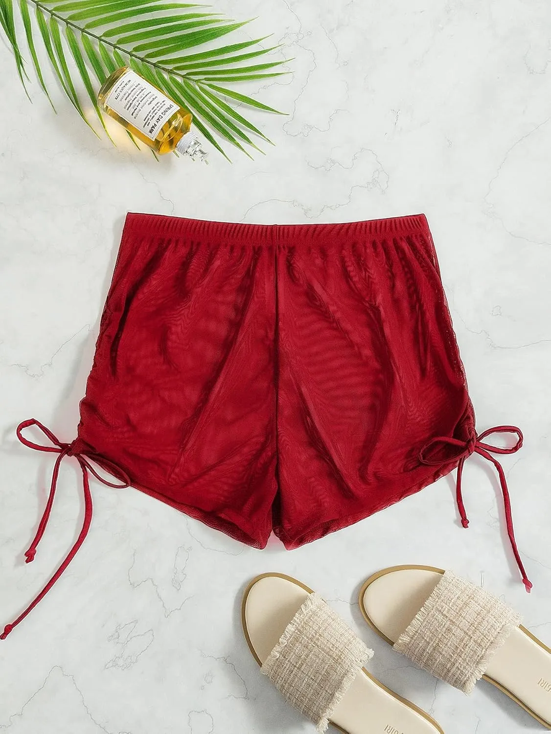 Women's Drawstring Side Mesh Sheer Beach Summer Cover Up Shorts Bikini Bottoms