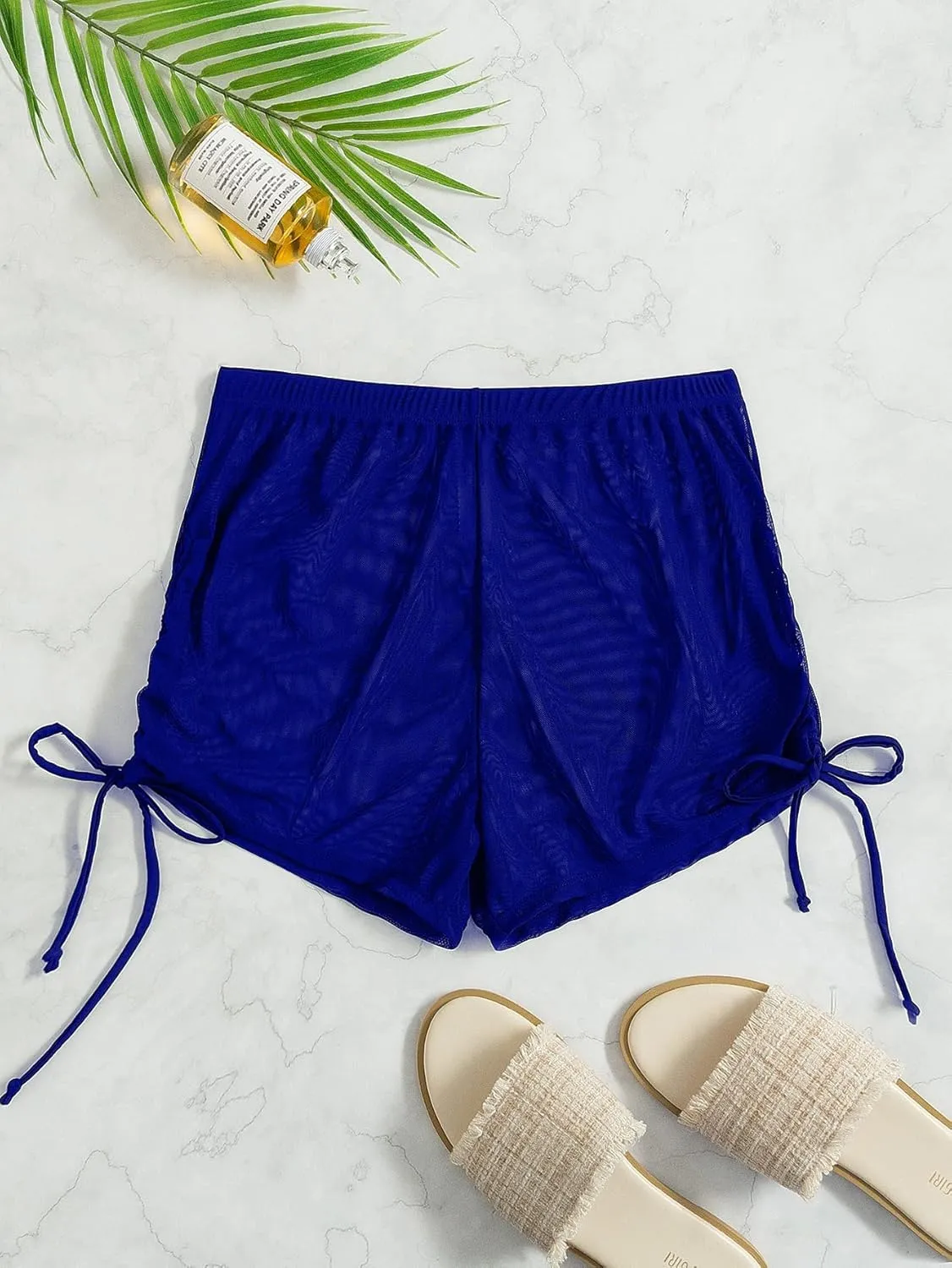 Women's Drawstring Side Mesh Sheer Beach Summer Cover Up Shorts Bikini Bottoms