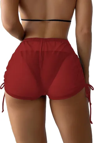 Women's Drawstring Side Mesh Sheer Beach Summer Cover Up Shorts Bikini Bottoms