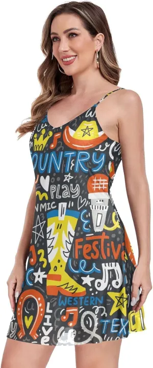 Women's Halter Sleeveless Dress Mesh V-Neck Mini Dresses