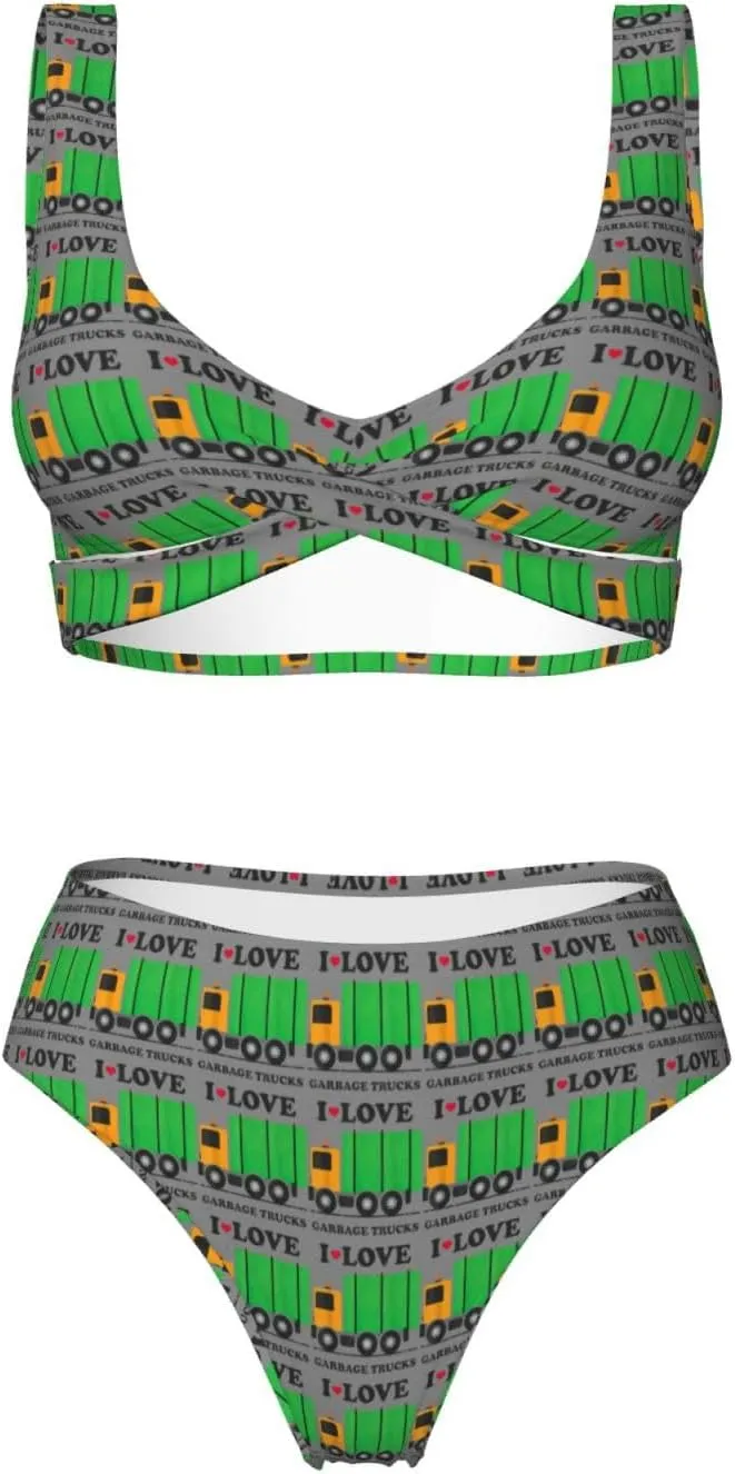 Women's I Love Garbage Trucks Print Bikini Set,Comfortable Swimwear for Beach,Pool,Vacation