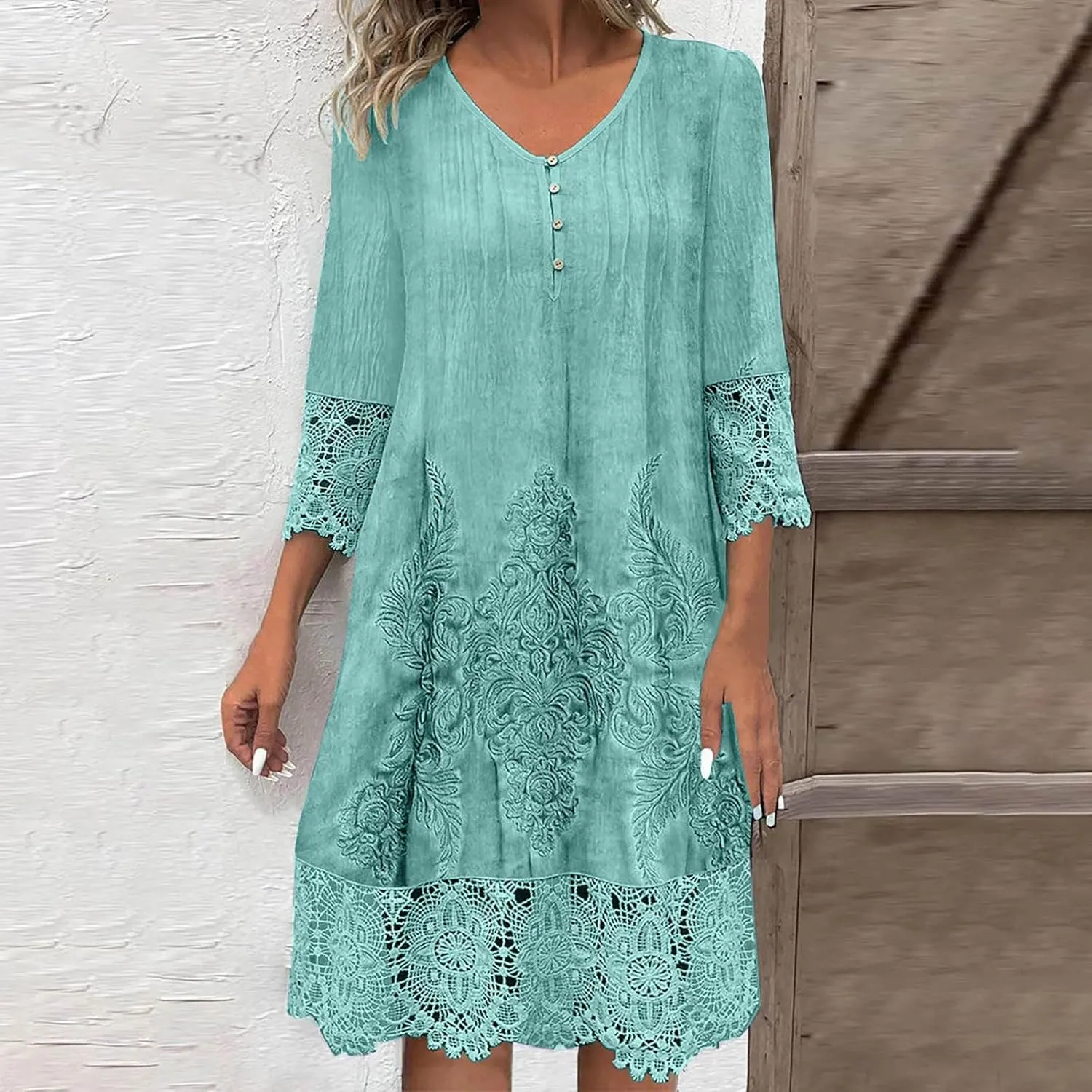 Women's Lace Dress 3/4 Sleeve Boho Floral Print Knee Length Dresses V Neck Pleated Front Button Down Shirt Dress