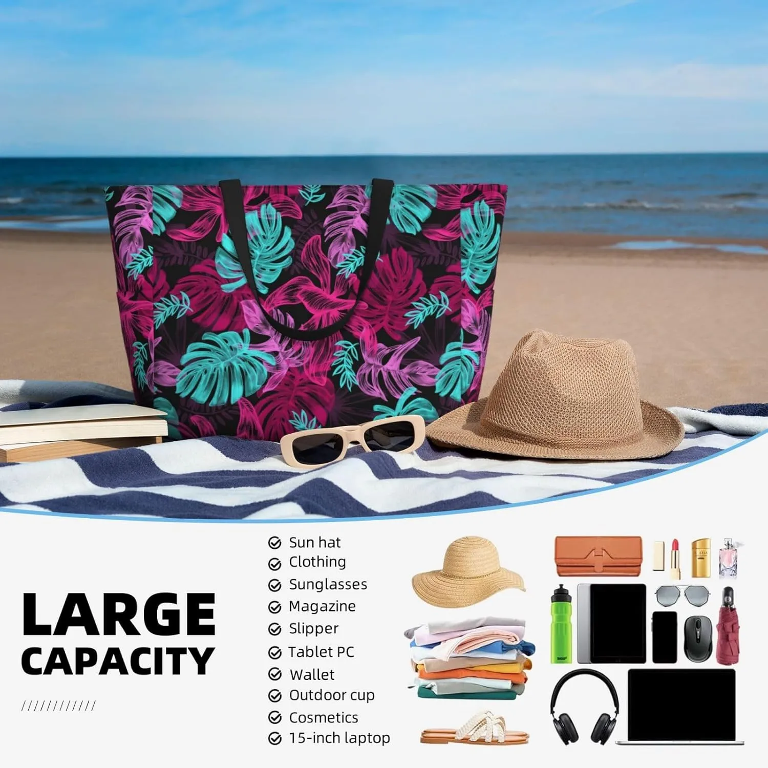 Women's Large Beach Bag Waterproof Travel Tote Bag with Pocket Sandproof Foldable Weekender Bags for Pool Vacation