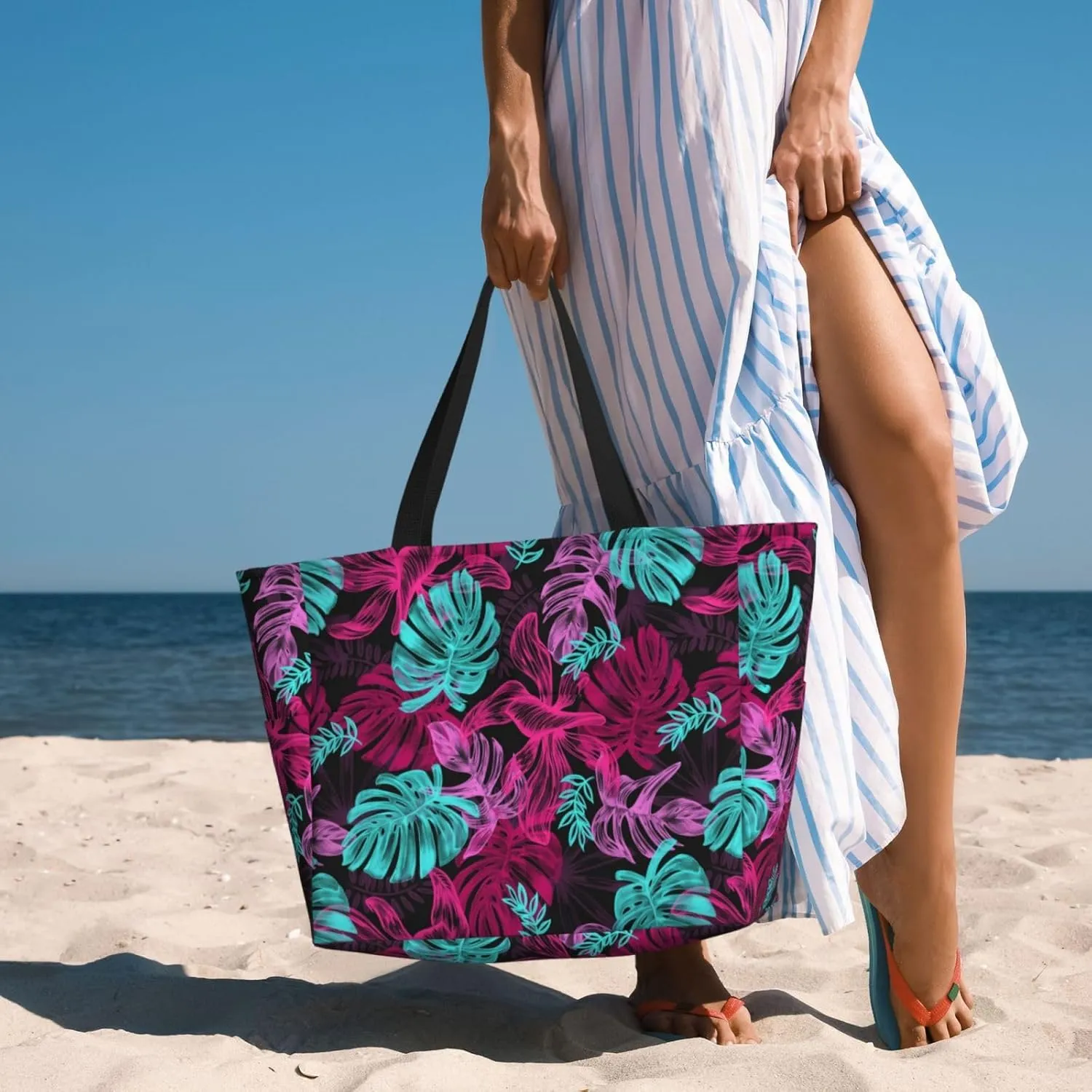 Women's Large Beach Bag Waterproof Travel Tote Bag with Pocket Sandproof Foldable Weekender Bags for Pool Vacation