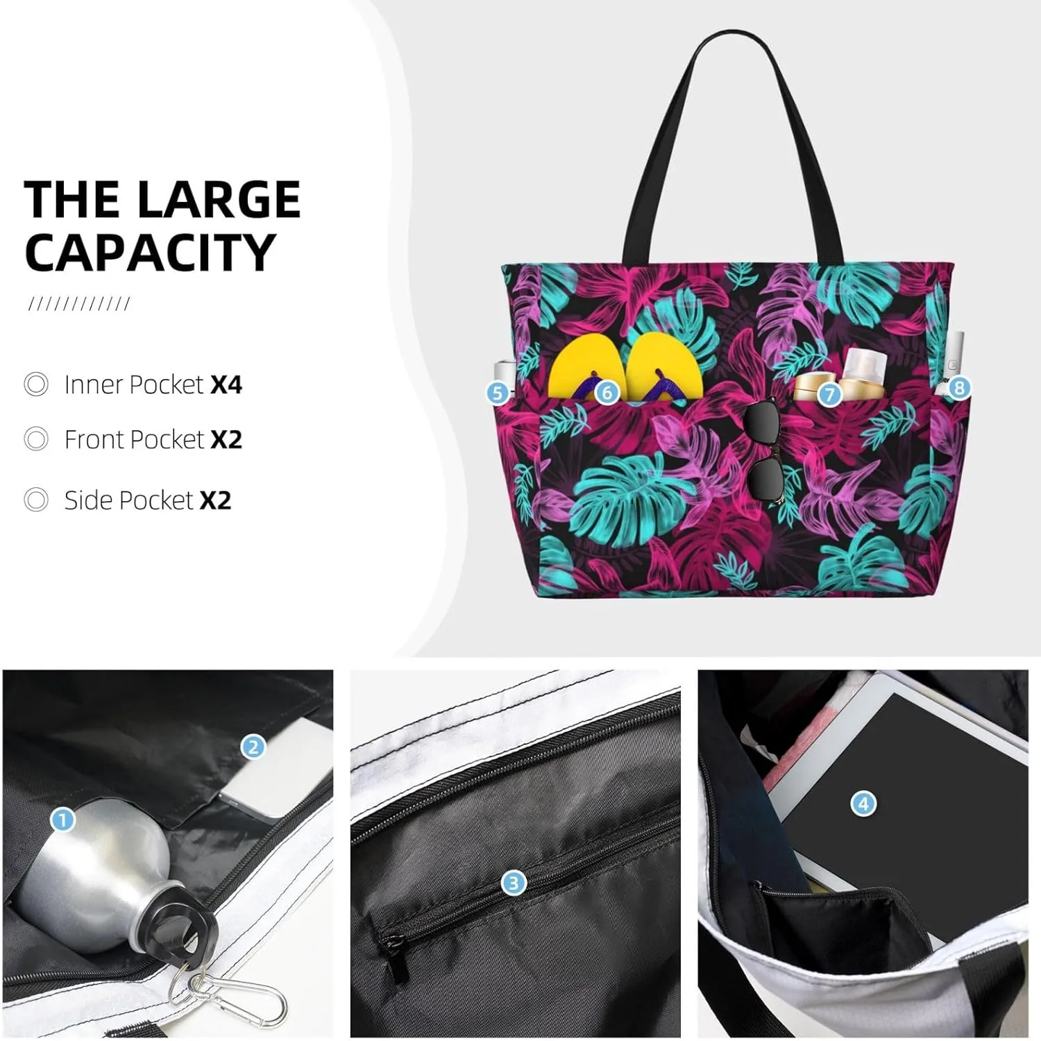 Women's Large Beach Bag Waterproof Travel Tote Bag with Pocket Sandproof Foldable Weekender Bags for Pool Vacation