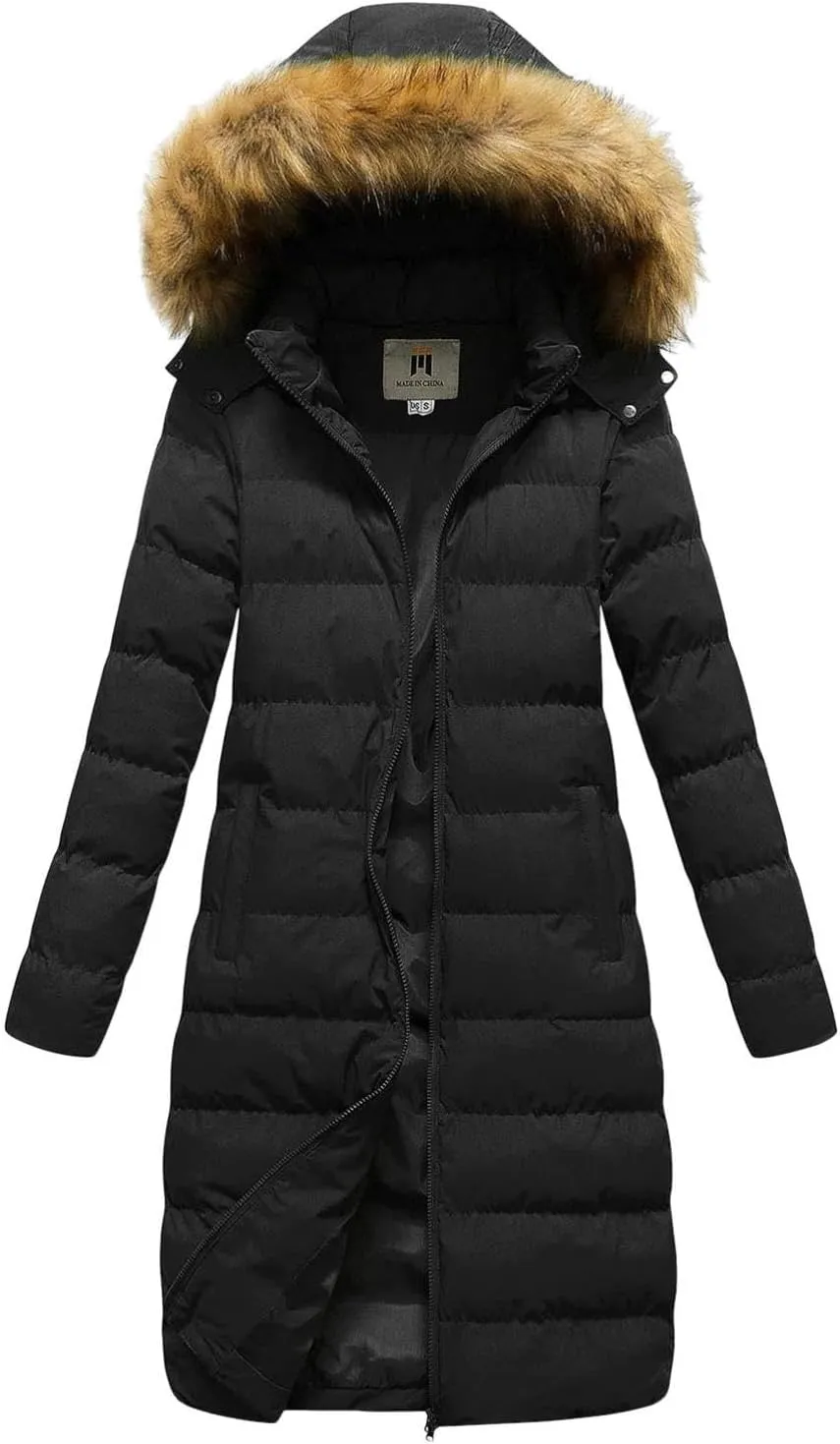 Womens Long Parka Coat With Removable Faux Fur Hood Plus Size Jacket Winter Padded Thicken Puffer Coat