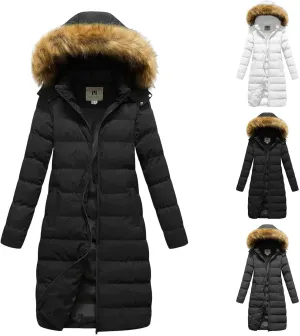 Womens Long Parka Coat With Removable Faux Fur Hood Plus Size Jacket Winter Padded Thicken Puffer Coat