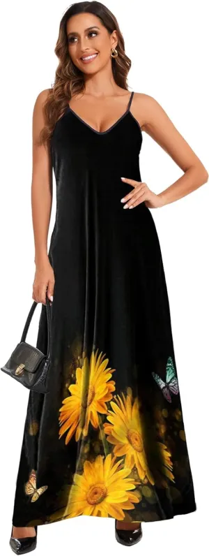 Women's Maxi Sunflower Dresses Sleeveless Long Tie Dye Dress Casual Sundresses with Pockets
