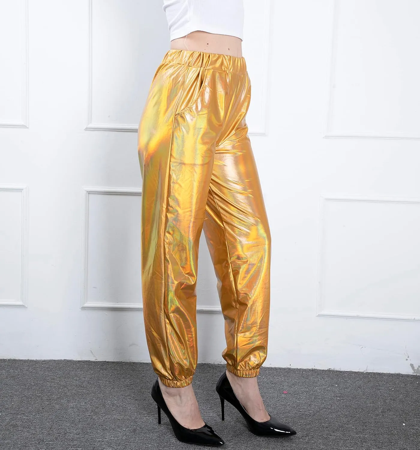 Women's Metallic Shiny Jogger Casual Holographic Color Streetwear Pants Hip Hop Fashion Smooth Elastic Trousers