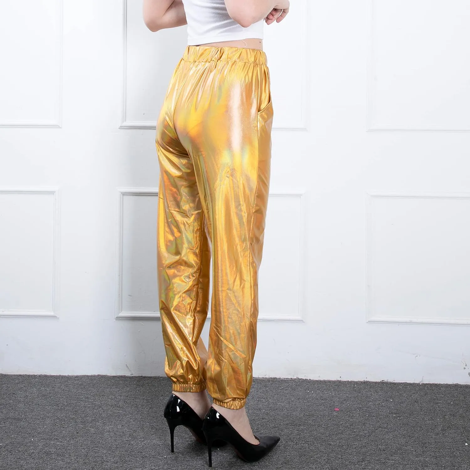 Women's Metallic Shiny Jogger Casual Holographic Color Streetwear Pants Hip Hop Fashion Smooth Elastic Trousers