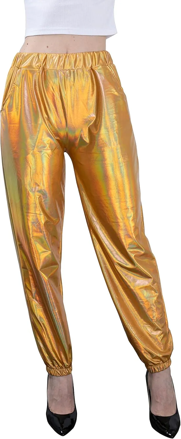 Women's Metallic Shiny Jogger Casual Holographic Color Streetwear Pants Hip Hop Fashion Smooth Elastic Trousers