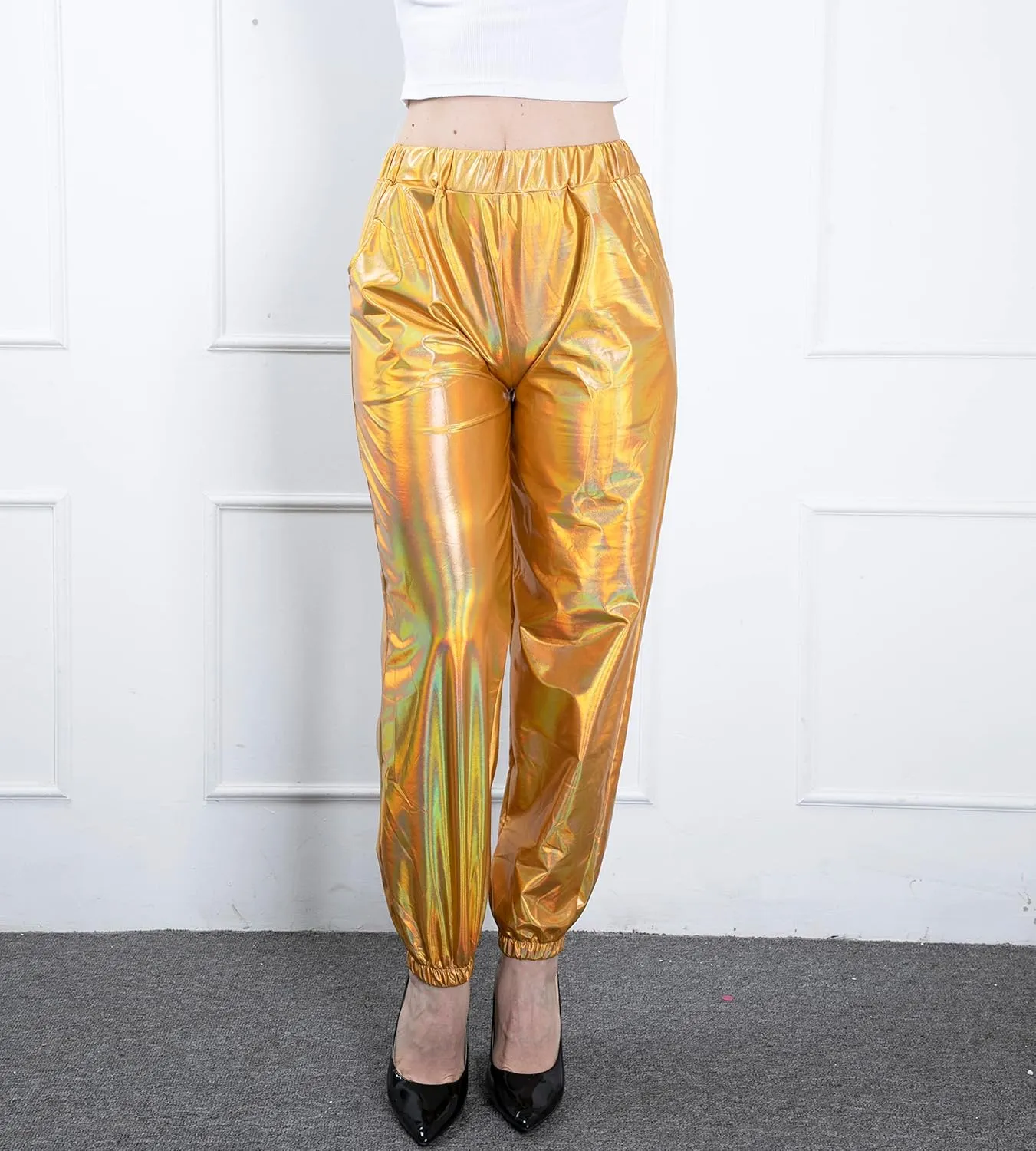 Women's Metallic Shiny Jogger Casual Holographic Color Streetwear Pants Hip Hop Fashion Smooth Elastic Trousers