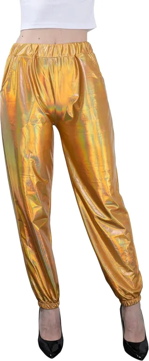 Women's Metallic Shiny Jogger Casual Holographic Color Streetwear Pants Hip Hop Fashion Smooth Elastic Trousers