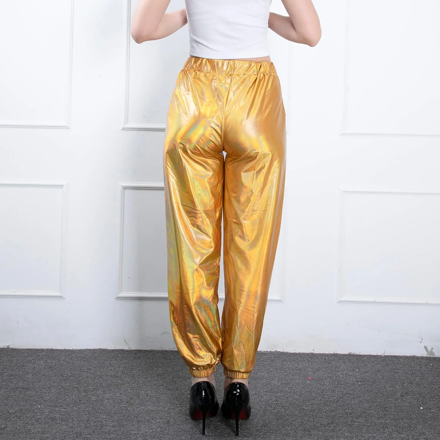 Women's Metallic Shiny Jogger Casual Holographic Color Streetwear Pants Hip Hop Fashion Smooth Elastic Trousers