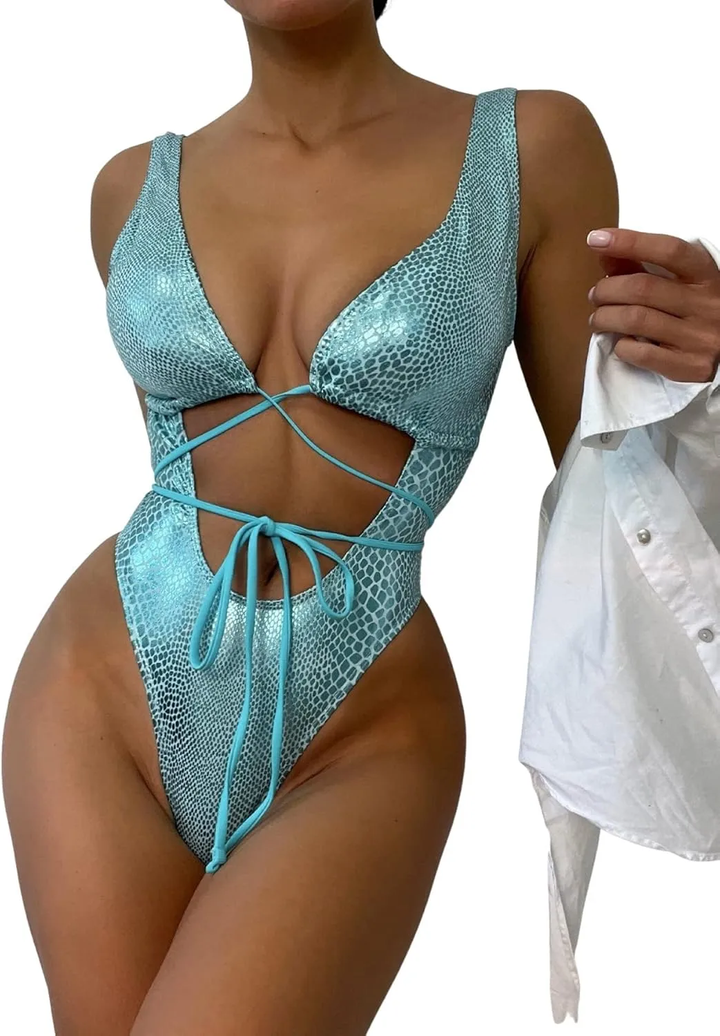 Women's Metallic Snakeskin One Piece Swimsuits Rave Outfit Bathing Suits
