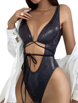 Women's Metallic Snakeskin One Piece Swimsuits Rave Outfit Bathing Suits